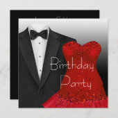 Black Tuxedo Rotes Kleid Geburtstagsparty Einladung (Vorne/Hinten)