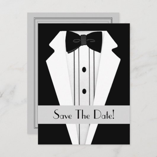 Black Tuxedo Save the Date Ankündigungspostkarte (Vorne/Hinten)