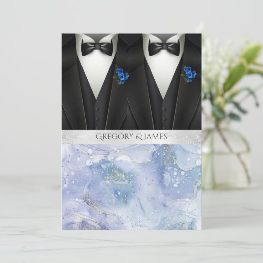 Black Tuxedos Blue Boutonniere Wedding Einladung (Stehend Vorderseite)