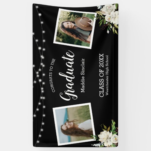 Black Two Foto Floral String Lights Abschluss Ba Banner (Vertikal)
