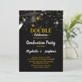 Black Two Graduates Double Graduation Party 2025 Einladung (Stehend Vorderseite)
