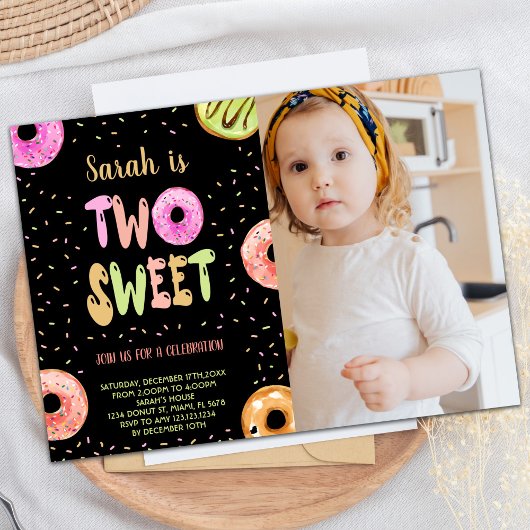 Black Two Sweet Pastel Foto Donut Birthday Einladung