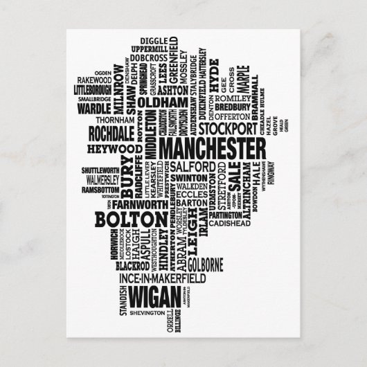 Black type map of Greater Manchester Postkarte (Vorderseite)