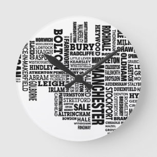Black type map of Greater Manchester Runde Wanduhr