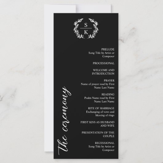 Black Typografy Laurel Wreath Monogram Wedding (Vorderseite)
