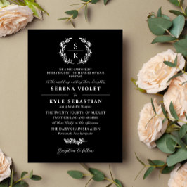 Black Typografy Laurel Wreath Monogram Wedding Einladung