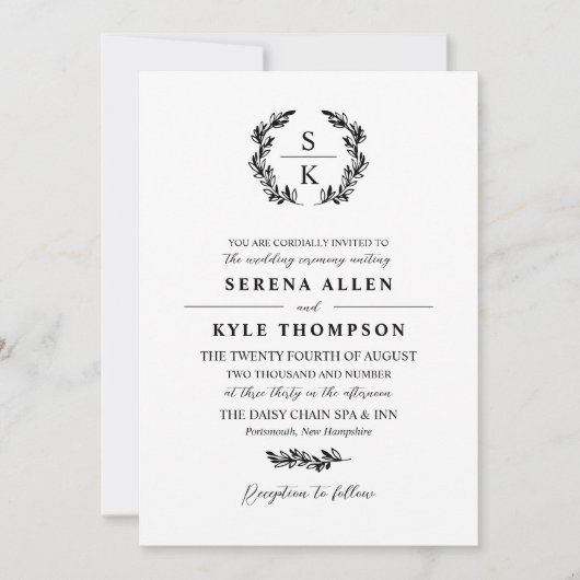Black Typografy Laurel Wreath Monogram Wedding in Einladung (Vorderseite)