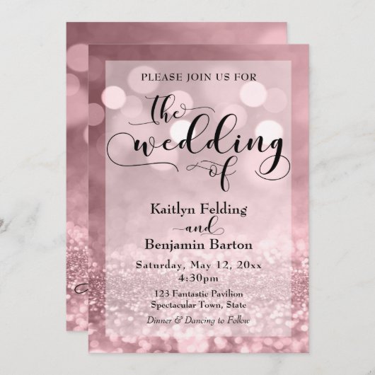 Black Typografy & Rose Gold Glitzer Bokeh Wedding Einladung (Vorne/Hinten)
