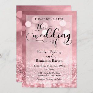Black Typografy & Rose Gold Glitzer Bokeh Wedding Einladung
