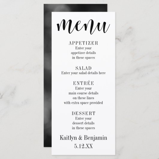 Black Typografy Wedding Menu mit Bokeh Back Menükarte (Vorne/Hinten)