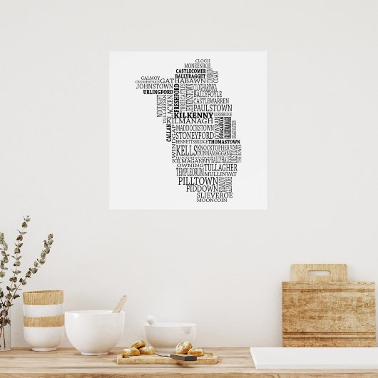 Black Typograical Map of Co. Kilkenny, Irland Poster (Küche)