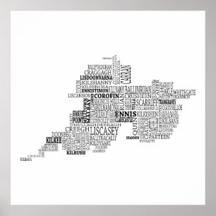 Black Typograical Map of Landkreis Clare, Irland Poster