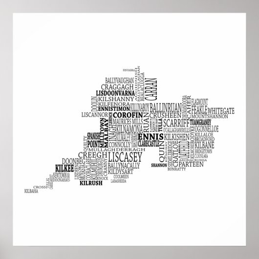 Black Typograical Map of Landkreis Clare, Irland Poster (Vorne)