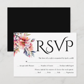 Black typography, rhododendron branch with flowers RSVP karte