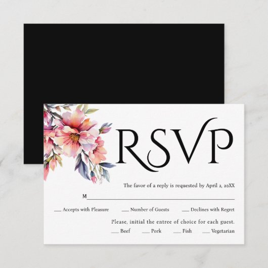 Black typography, rhododendron branch with flowers RSVP karte (Vorne/Hinten)