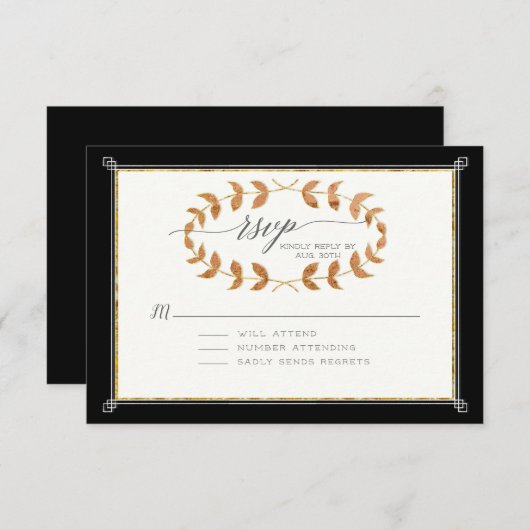 Black UAWG Response Copper Rose Gold Laurel Wreath RSVP Karte (Vorne/Hinten)