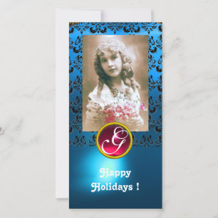 BLACK UND BLAUE DAMASK Rotes Ruby Monogramm Feiertagskarte