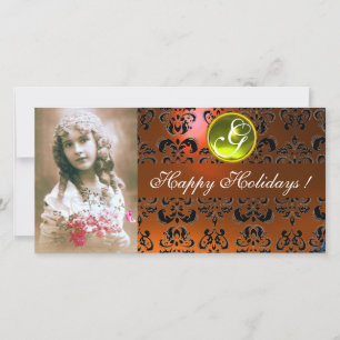 BLACK UND ORANGE DAMASK Gelbes Topaz Monogramm Feiertagskarte