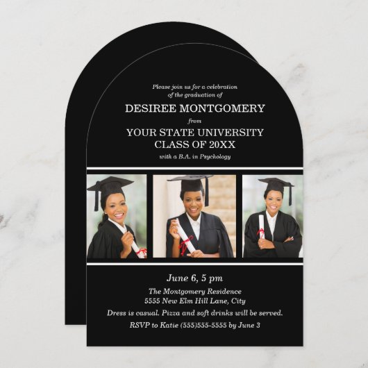 Black Uni University 3 Foto Arch Abschluss Einladung (Vorne/Hinten)