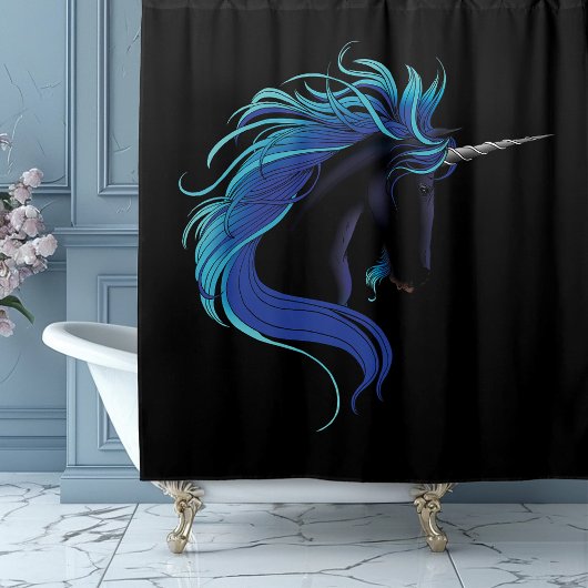 Black Unicorn Blue Silver Duschvorhang