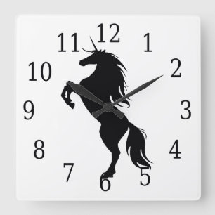 Black Unicorn Silhouette Clock Quadratische Wanduhr