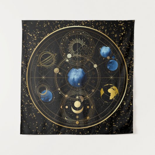 Black Velvet Gold Celestial Astrologie Wandteppich (Vorderseite)
