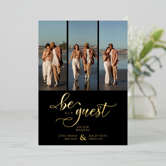 Black Vertical 3 Photos Collage Handwritten Fancy Folieneinladung (Stehend vorne)