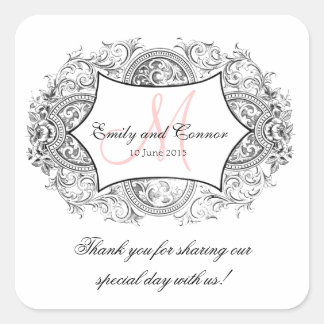 Black Verziert Frame Pink Monogram Wedding Vielen  Quadratischer Aufkleber