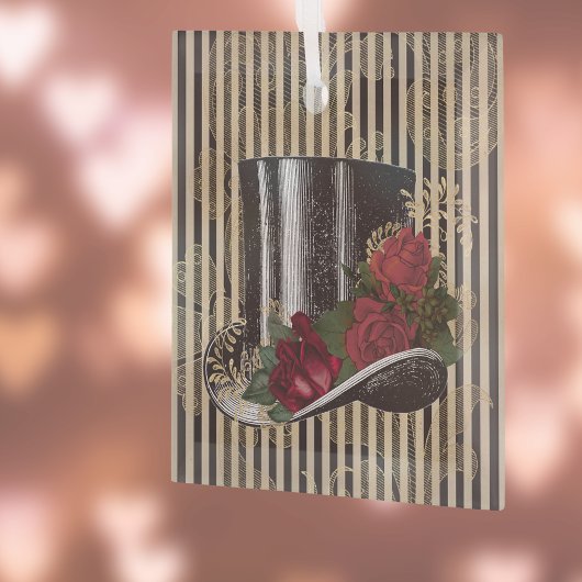 Black Victorian Hat on Black Gold Damask Stripes Ornament Aus Glas