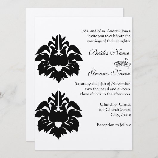 Black Viktorianisch Damask Wedding Einladung (Vorne/Hinten)