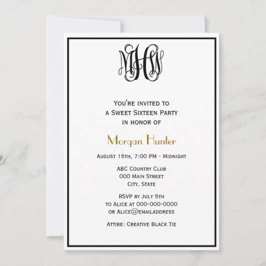 Black Vine Script Monogram B&G DIY BG Sweet !6 Einladung (Vorderseite)