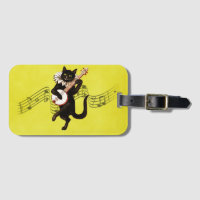 Black Vintag Cat Playing Banjo auf Musiknoten