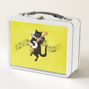 Black Vintag Cat Playing Banjo auf Musiknoten Metall Brotdose