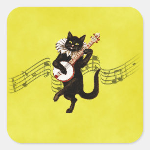Black Vintag Cat Playing Banjo auf Musiknoten Quadratischer Aufkleber
