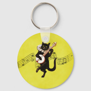 Black Vintag Cat Playing Banjo auf Musiknoten Schlüsselanhänger