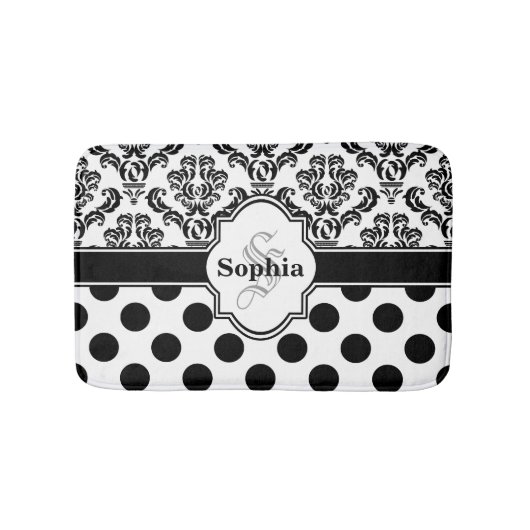 Black Vintag Damask Niedliche Polka Dots Badematte (Vorderseite)