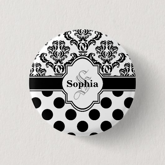 Black Vintag Damask Niedliche Polka Dots Button (Vorderseite)