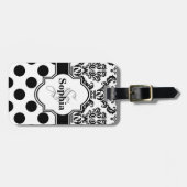 Black Vintag Damask Niedliche Polka Dots Gepäckanhänger (Vorderseite horizontal)