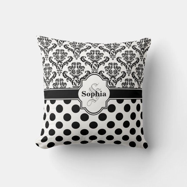 Black Vintag Damask Niedliche Polka Dots Kissen (Vorderseite)