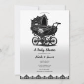 Black Vintag Gothic Pram Carriage Baby Dusche Einladung (Vorderseite)