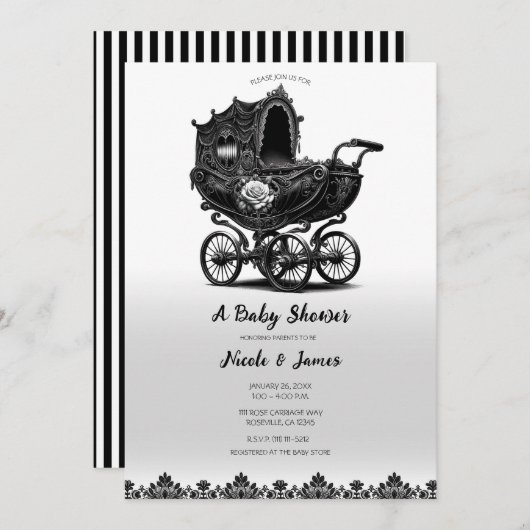 Black Vintag Gothic Pram Carriage Baby Dusche Einladung (Vorne/Hinten)