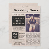 Black Vintage Breaking News zum Geburtstag Einladung (Vorne/Hinten)