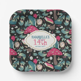 Black Vintage Cottagecore Mushroom Birthday Pappteller