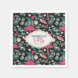 Black Vintage Cottagecore Mushroom Birthday Serviette