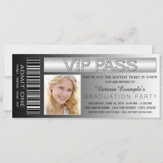 Black VIP Pass Admission Ticket Graduation Party Einladung (Vorderseite)