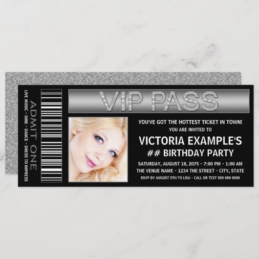 Black VIP Pass Ticket Geburtstagsparty Einladung (Vorne/Hinten)
