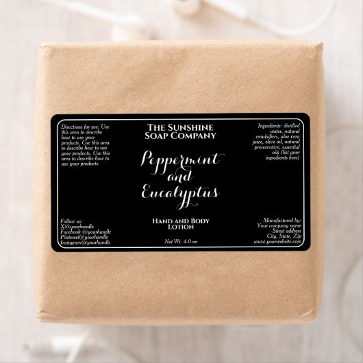 Black w white curly text cosmetics bottle label (Insitu)