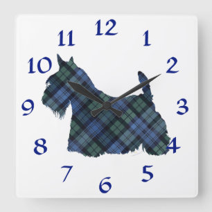 Black Watch Tartan Scottish Terrier Quadratische Wanduhr