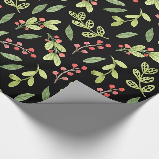 Black Watercolor Christmas Mistletoe Pattern Geschenkpapier (Ecke)