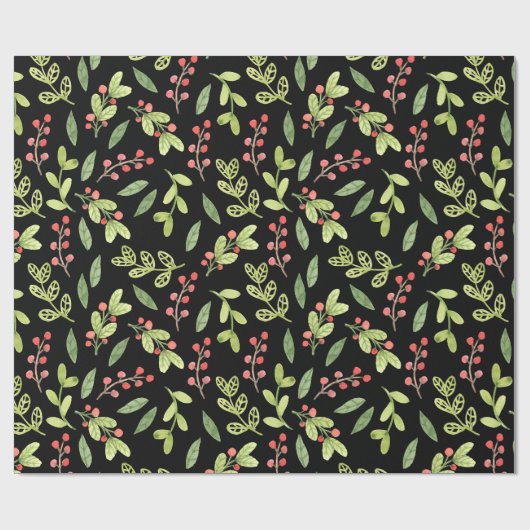 Black Watercolor Christmas Mistletoe Pattern Geschenkpapier (Flach)
